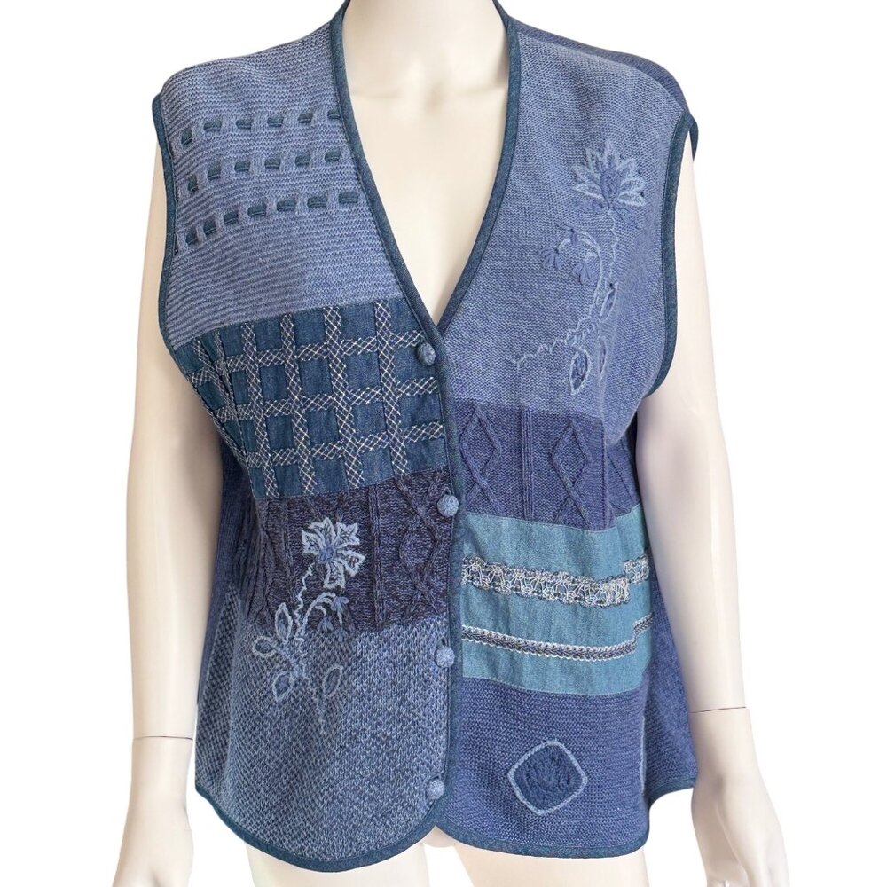 Napa Valley Blue Patchwork Vest Womens XL Vintage Ramie Cotton